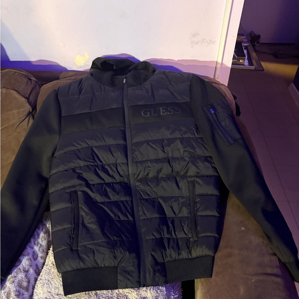 GUESS Black Quilted Puffer Jacket with Knit Sleeves